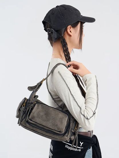 Damen-Hobo-Tasche aus Leder im Vintage-Look mit Mehrfach-Fächern und Tassel-Reißverschluss Alltagsbegleiter