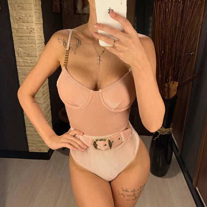 Damen-Badeanzug Rippe Gürtel High-Cut Bodysuit einteilig