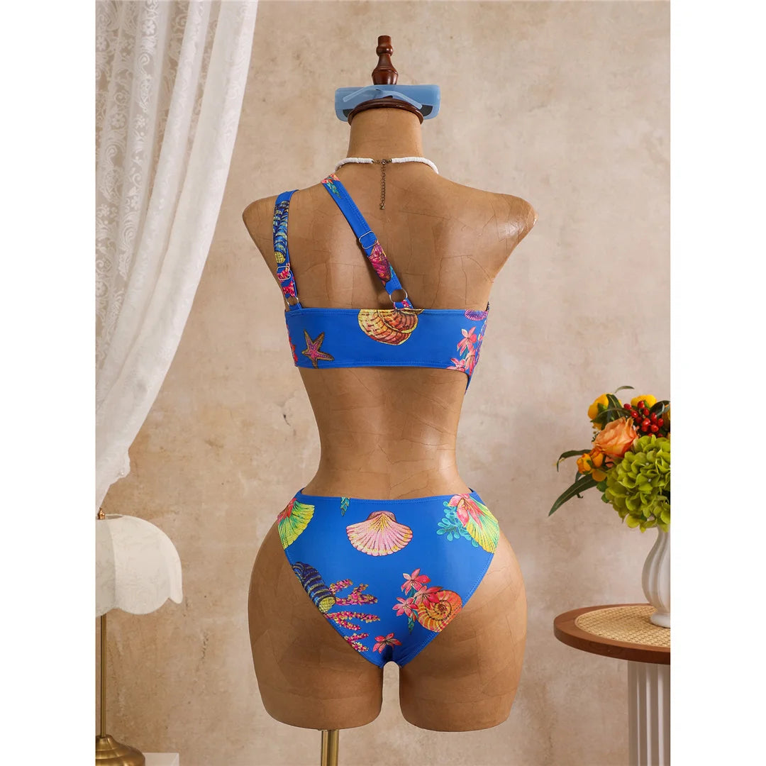 Damen Badeanzug Blumendruck One-Shoulder asymmetrisch Cut-Out Monokini gepolstert