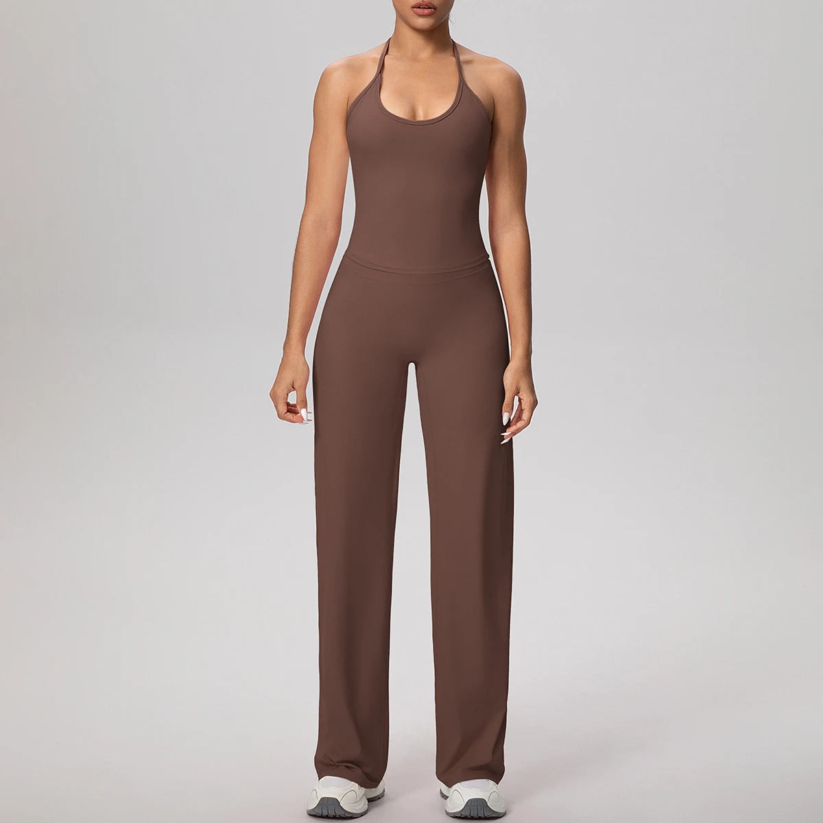 Damen-Yoga-Set Tank-Top und weite Hose, schokobraun