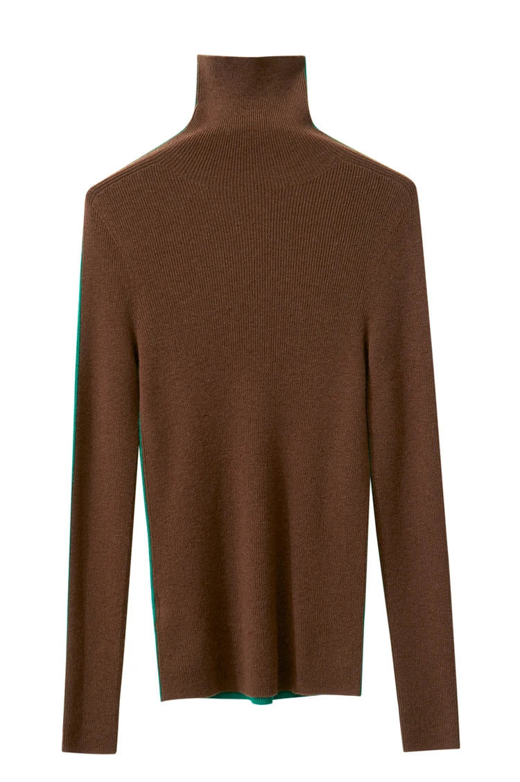 Damen-Rollkragenpullover 100 % Wolle Farbkontrast Slim Fit Frühling