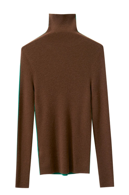 Damen-Rollkragenpullover 100 % Wolle Farbkontrast Slim Fit Frühling