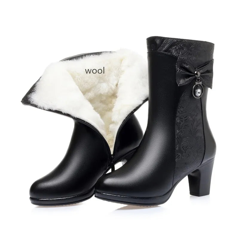 AIYUQI Winter Boots Women Wool Keep Warm 2025 New Genuine Leather Shoes Woman Boots Fashion Bow Female Fashion Boots Thick Heel