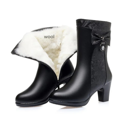 AIYUQI Winter Boots Women Wool Keep Warm 2025 New Genuine Leather Shoes Woman Boots Fashion Bow Female Fashion Boots Thick Heel