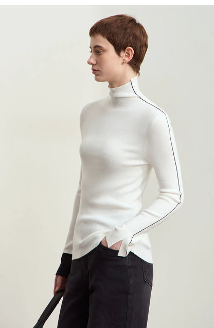Damen-Rollkragenpullover Farbkontrast Slim Fit Langarm Frühling