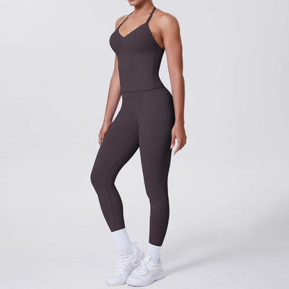 Damen-Yoga-Set in Dunkelgrau: Trägertop und nahtarme Leggings im Set