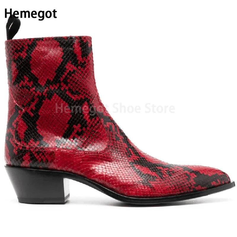 Herren-Chelsea-Boots mit Schlangenmuster, spitzer Zehe und Blockabsatz, rot/schwarz