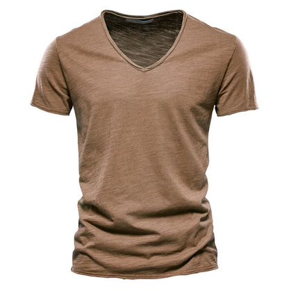 Herren-T-Shirt mit V-Ausschnitt, kurzarm, einfarbig beige, schmaler Schnitt