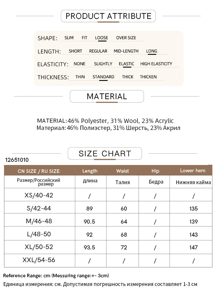 Produkt-Attribut- und Größenübersicht: Materialmix, Elastizität und Maßtabelle für CN-Sizes