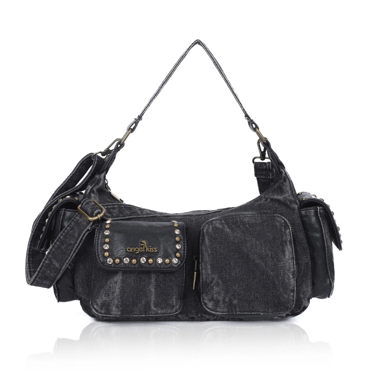 Damen-Schultertasche aus Denim und Canvas mit Reißverschluss und großem Hauptfach und Smartphonefach