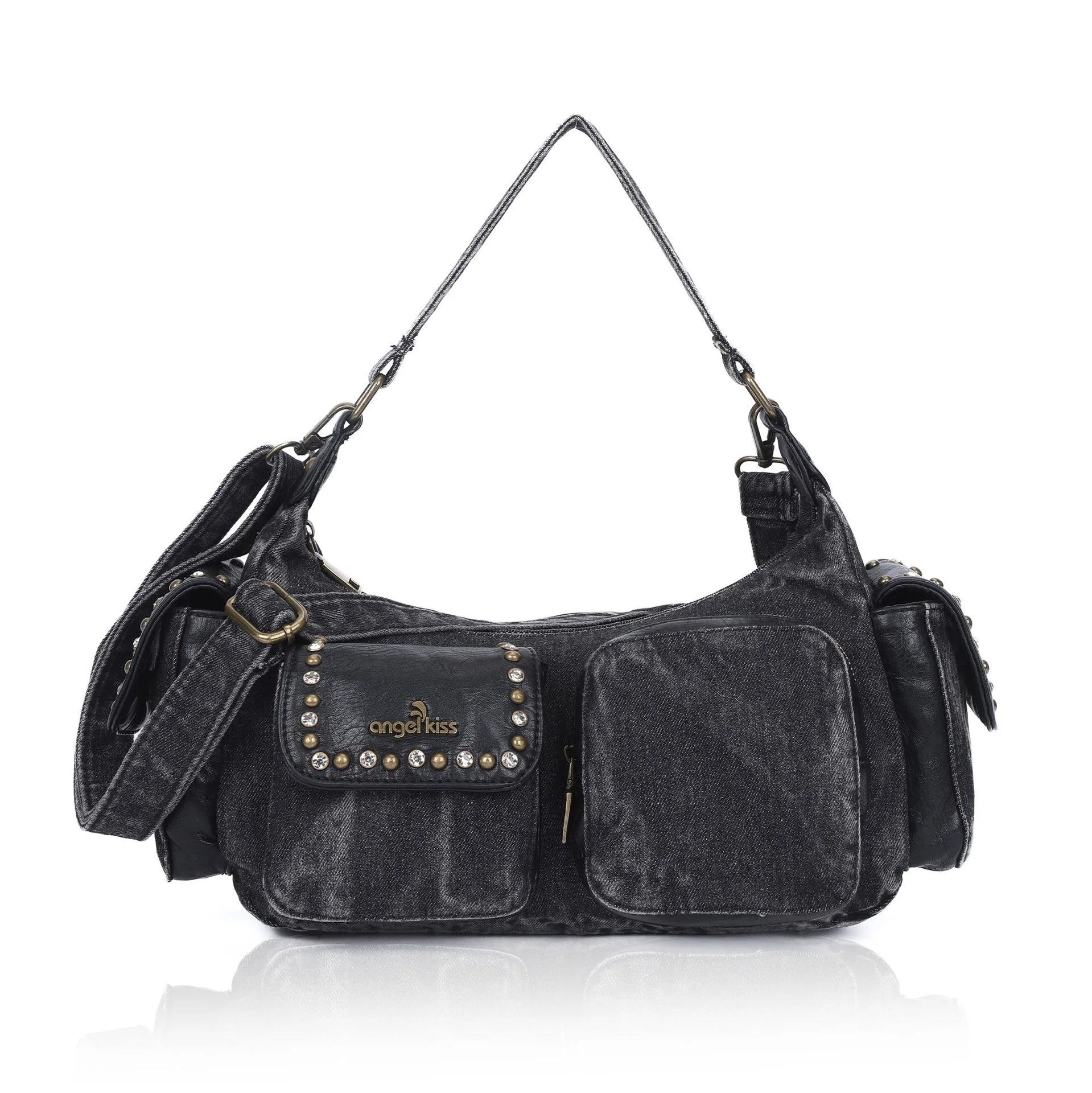 Damen-Schultertasche in Dunkelgrau/Schwarz mit Reißverschluss und vorderem Schmuck-Patch