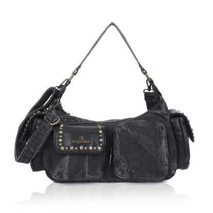 Damen-Schultertasche aus Denim und Canvas mit Reißverschluss und großem Hauptfach und Smartphonefach