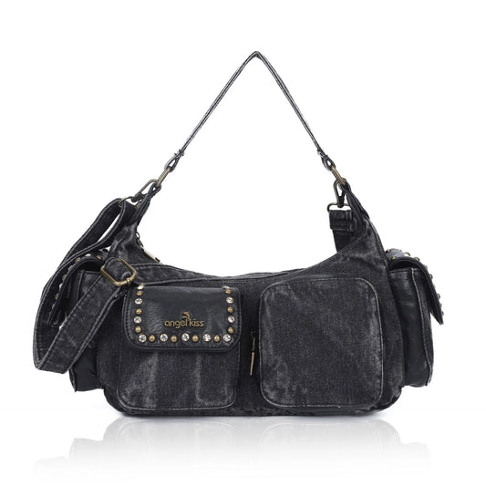 Damen-Schultertasche aus Denim und Canvas mit Reißverschluss und großem Hauptfach und Smartphonefach