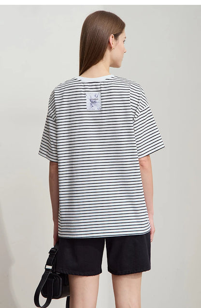 Damen T-Shirt aus reiner Baumwolle mit lässigem Streifenmuster und kurzen Ärmeln
