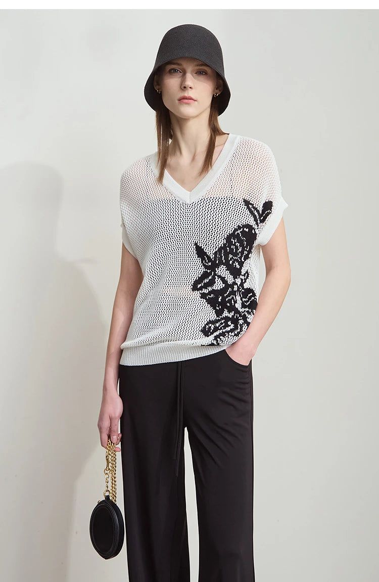 Damen V-Ausschnitt Pullover Viskose Kurzarm Aushöhlung Sommer