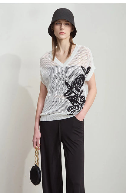 Damen V-Ausschnitt Pullover Viskose Kurzarm Aushöhlung Sommer