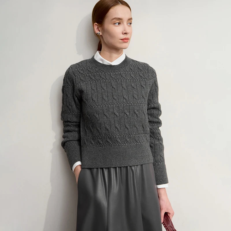 Damen-Rundhalspullover kurz einfarbig Retro locker Winter