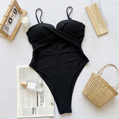 Damen Badeanzug Cut-Out gerüscht hoher Beinausschnitt BH-Cup Monokini