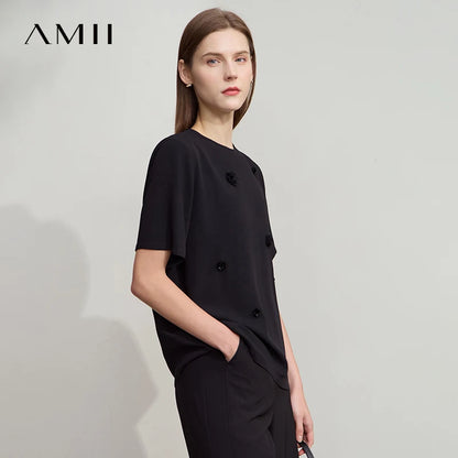 Damen Top im minimalistischen Stil mit elegantem O-Ausschnitt und Pailletten-Blume