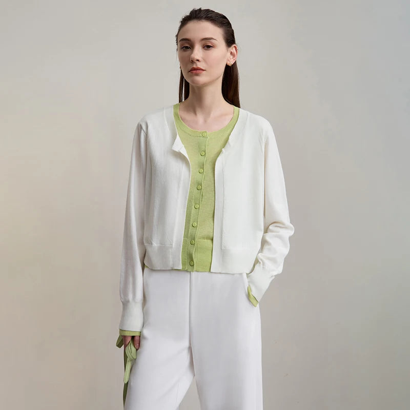 Damen-Strickjacke Patchwork sanft locker Langarm vielseitig Herbst