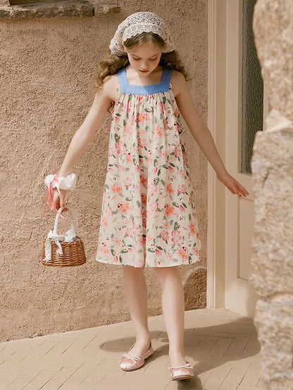 Sommerkleid für Mädchen aus 100% Baumwolle mit kurzen Ärmeln und niedlichem blauen Blumenmuster – geeignet für Kinder von 3 bis 14 Jahren (110cm-170cm)