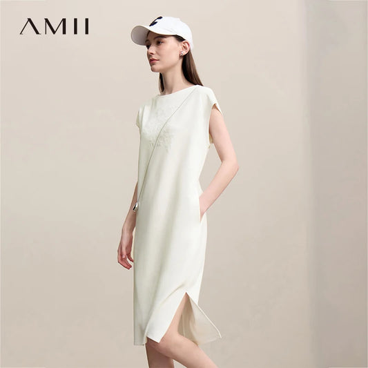 Ärmelloses Baumwollkleid, tailliert, knielang, hellbeige/creme mit Seitenschlitz