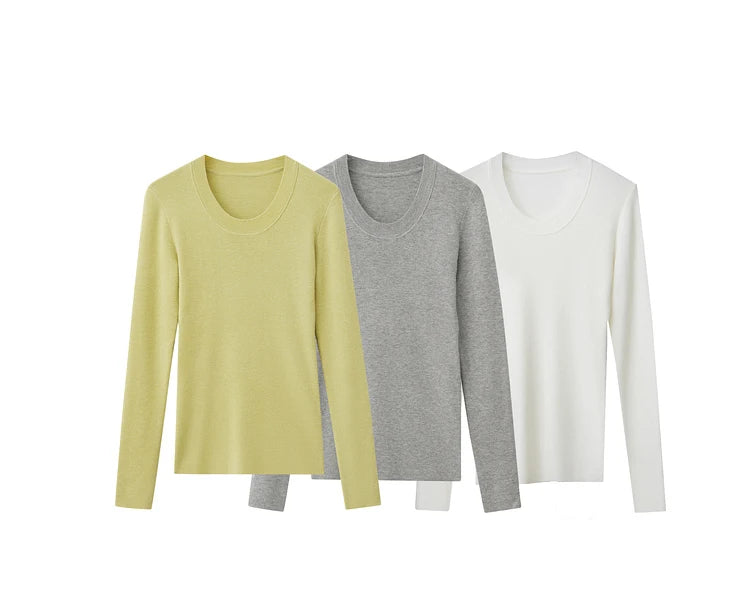 Damen-Strickpullover in Gelb, Grau und Weiß mit Rundhalsausschnitt und langen Ärmeln