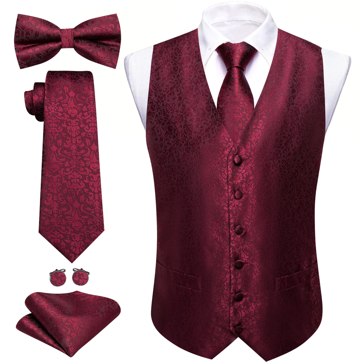 Anzugweste-Set mit Paisley-Muster in Bordeauxrot, mit Krawatte, Fliege und Einstecktuch