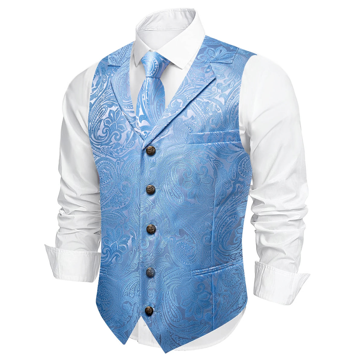 Herrenweste-Set mit Krawatte, blaue Paisley-Jacquardweste mit goldenen Knöpfen