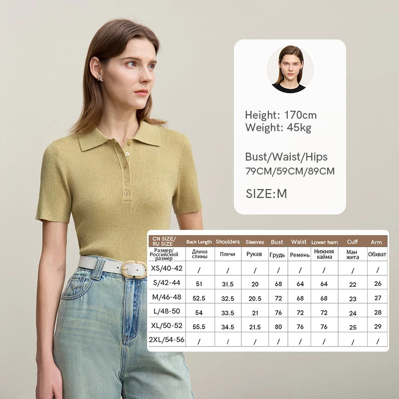 Damen-Strickpullover mit Polo-Kragen und Knopfleiste, kurzarm, senffarben
