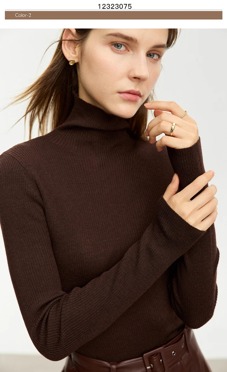 Damen-Rollkragenpullover 100 % Wolle Slim Fit elastisch Winter