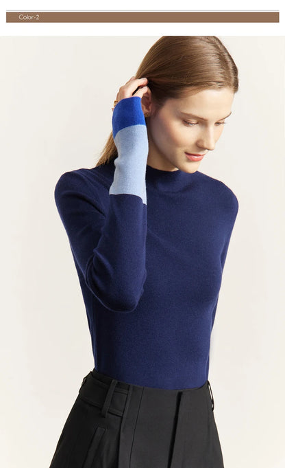 Damen-Halbrollkragen-Pullover Slim Farbkontrast Wolle-Mix Winter