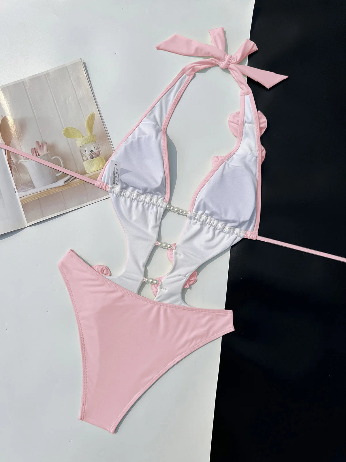 Damen Badeanzug 3D-Blumen tiefer V-Ausschnitt hoher Beinausschnitt Monokini rosa-rot