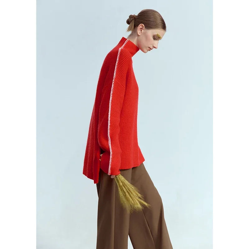 Damen-Rollkragenpullover Wolle Stickerei locker Weihnachten Winter