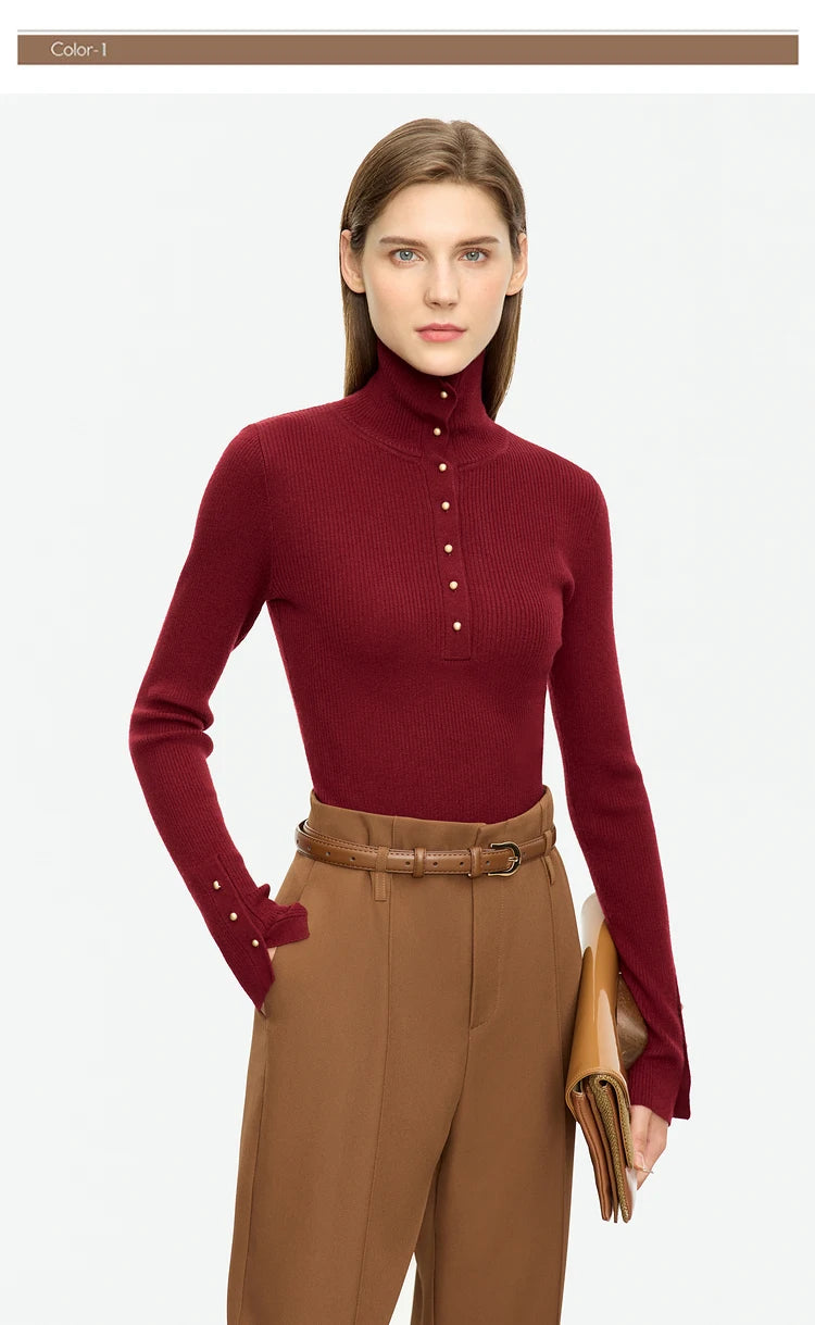 Damen-Strickjacke Rollkragen Knopfleiste Slim halboffene Front Herbst
