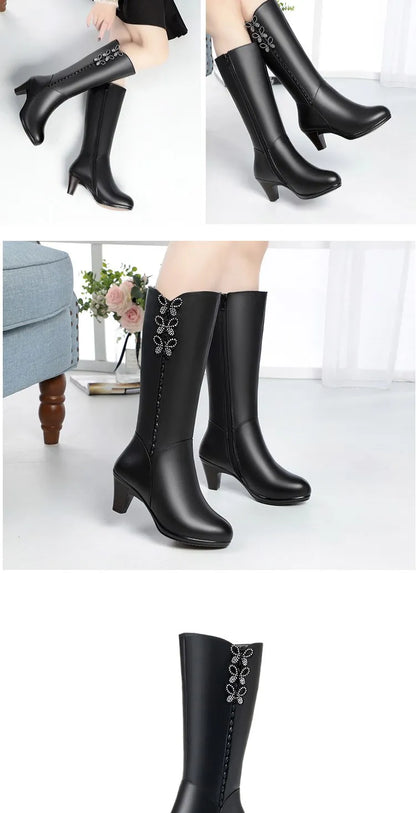 AIYUQI Women High Boots Shiny 2025 New Genuine Leather Wool Warm Women Winter Boots High Heel Fashion Office Boots Women