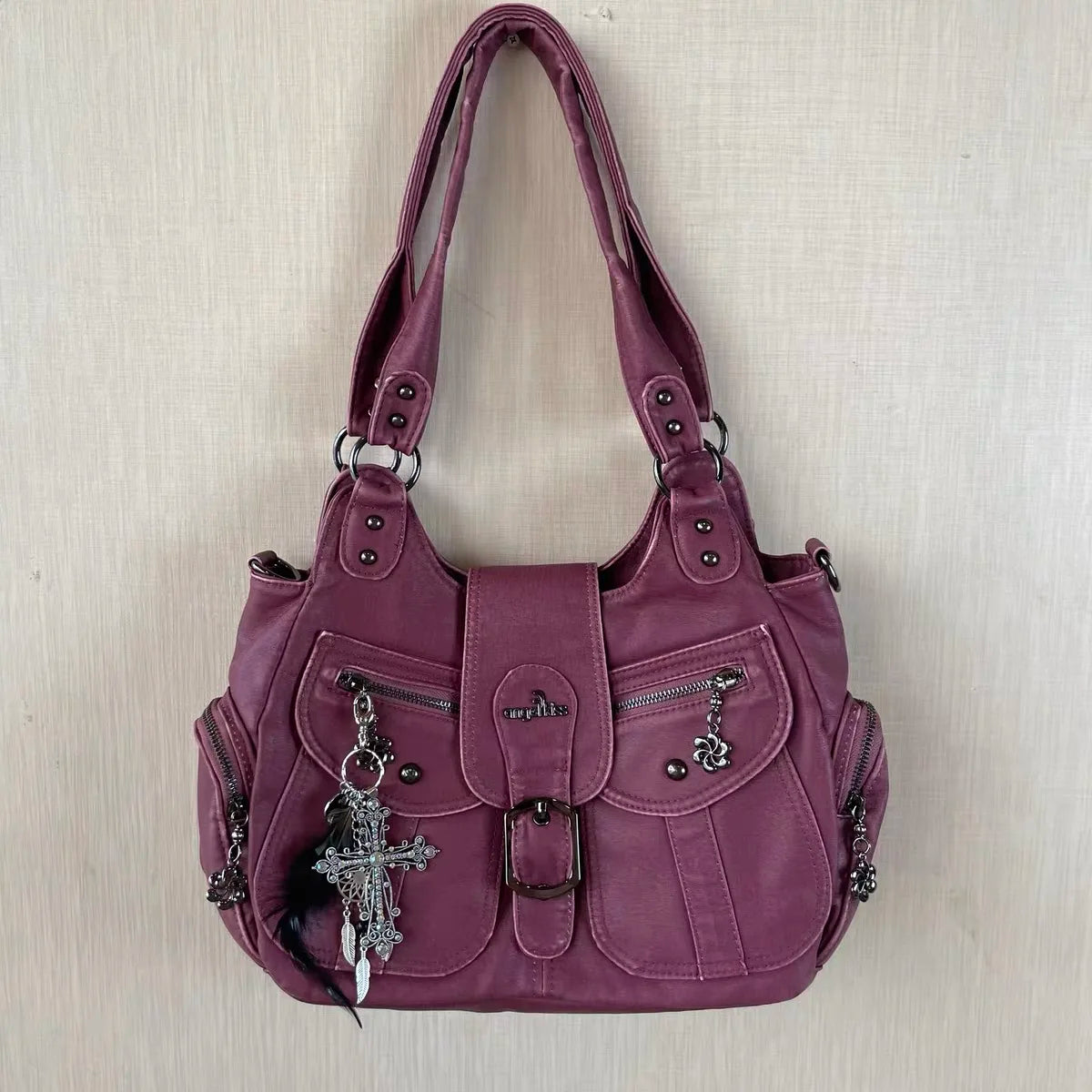Damen-Schultertasche aus PU, burgunderrot, mit Top-Griff und Reißverschlussfächern vorn