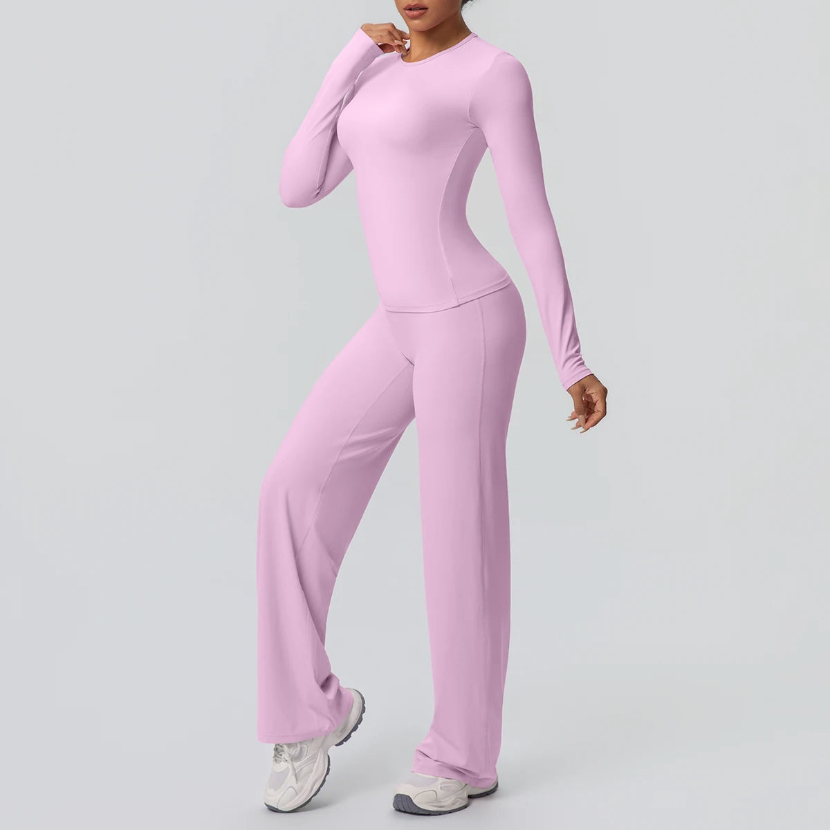 Yoga-Set für Damen: langärmliges Top und Leggings in Hellrosa
