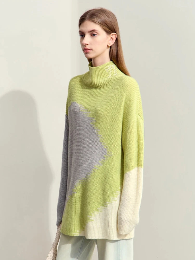 Damen-Rollkragenpullover Stickerei locker Winter Wolle-Mix