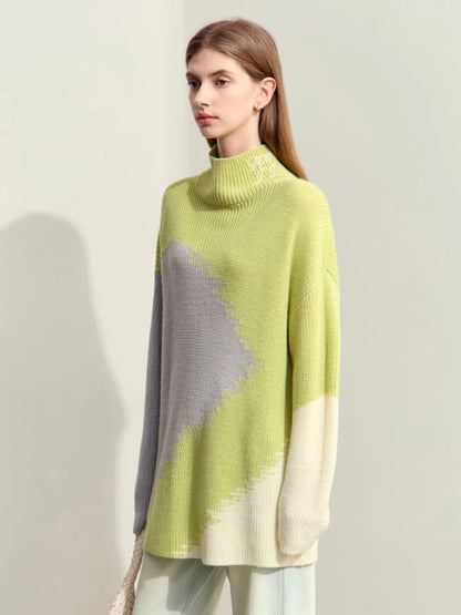 Damen-Rollkragenpullover Stickerei locker Winter Wolle-Mix