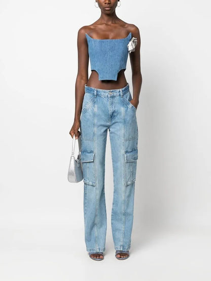 Asymmetrische Damen-Jeans mit hohem Bund und Colorblock-Design – modische Spliced-Denim-Hose für Frauen.