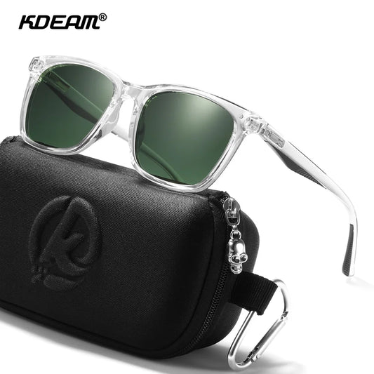 Quadratische Sonnenbrille mit transparentem Rahmen und grünen, polarisierenden Gläsern