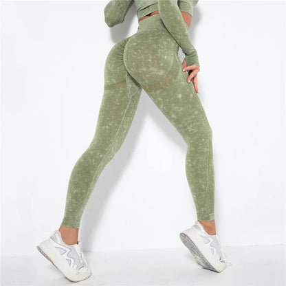 Nahtlose Yoga-Leggings mit hoher Taille, olivgrün gemustert, schmal, 7/8-Länge