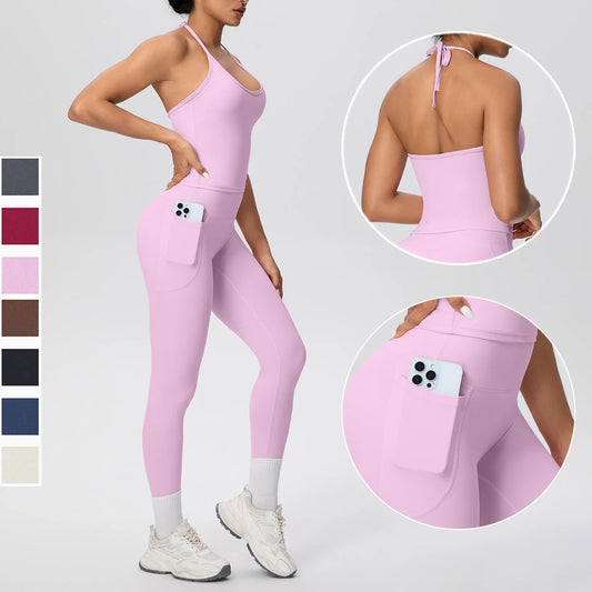 Damen-Yoga-Set in Flieder: Trägertop und Leggings mit Handytasche