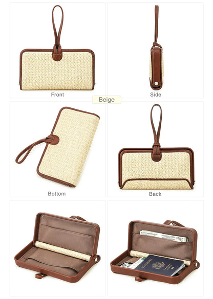Handytasche mit beige Strohoberfläche und braunem Leder: Vorder-, Seiten- und Rückansicht