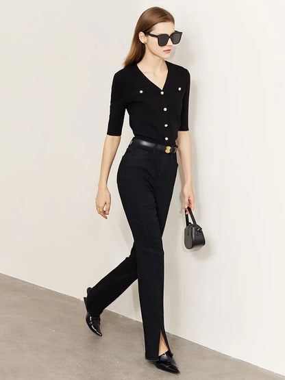 Damen-Strickjacke Baumwolle Slim Halbarm V-Ausschnitt Büro Frühling