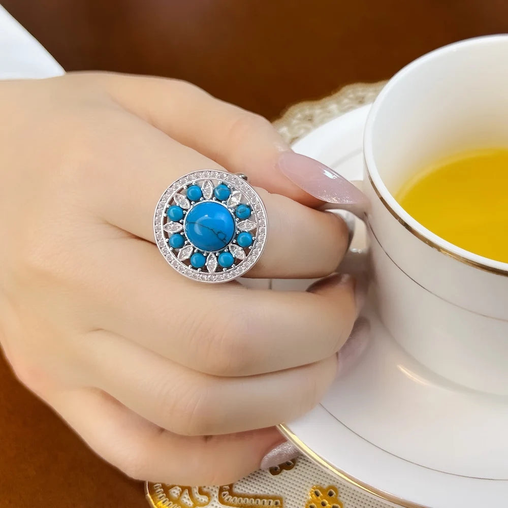 Damen-Ring Ornament blau rund Frühling II aus Sterlingsilber