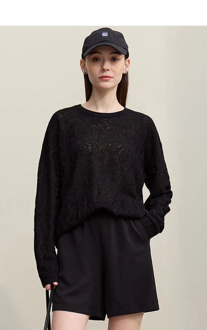 Damen-Rundhalspullover Jacquard Raglan locker lang Lyocell Frühling