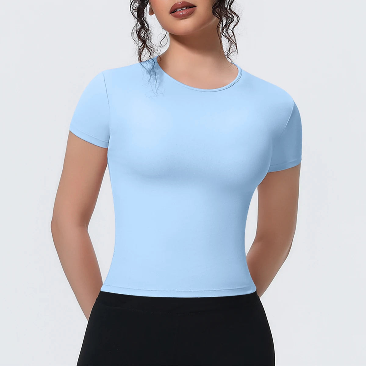 Damen Yoga-Shirt mit Rundhalsausschnitt, kurzarm, eng anliegend, hellblau