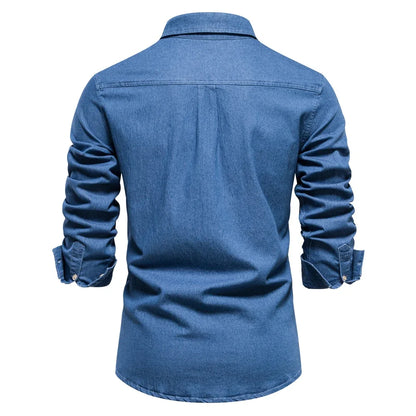 Herren Hemd aus Baumwolle im einfarbigen Denim-Look mit Tasche
